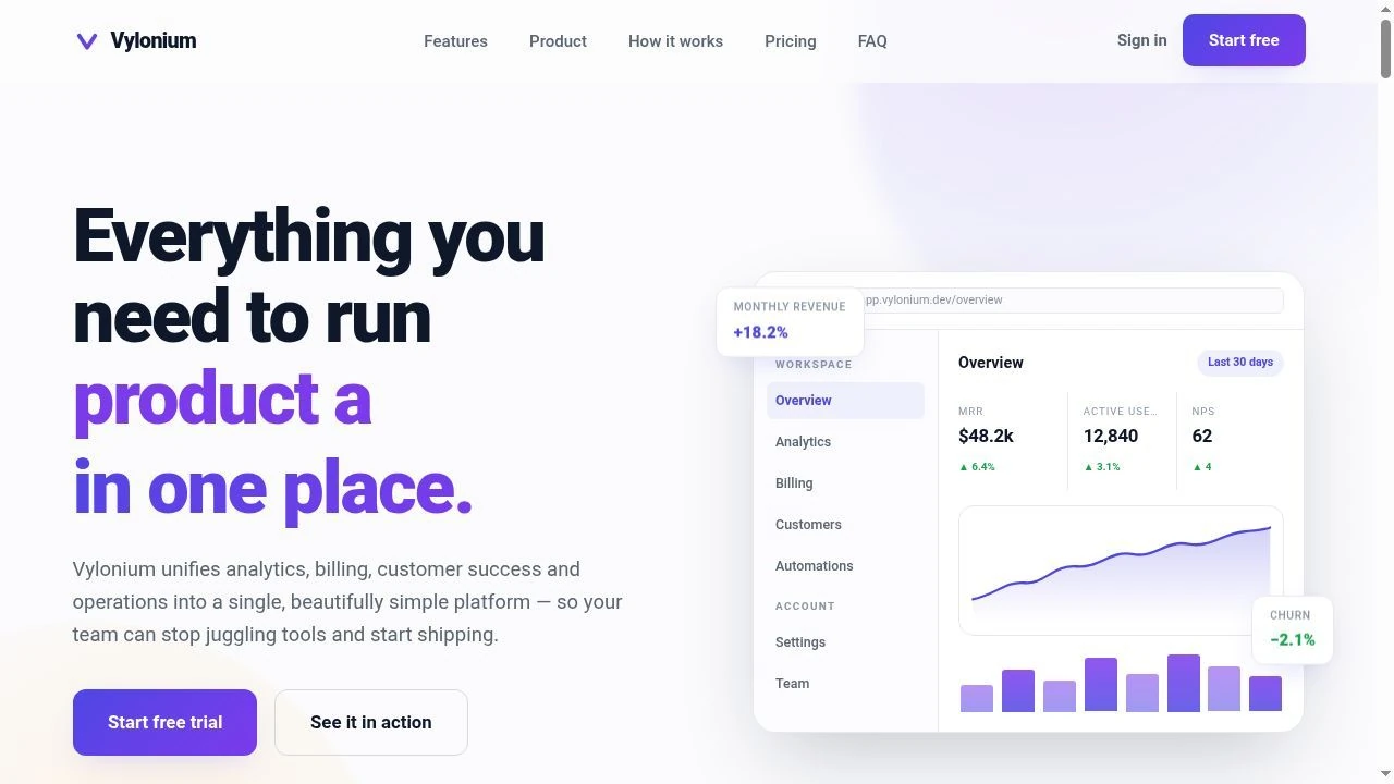 Landing page SaaS Vylonium